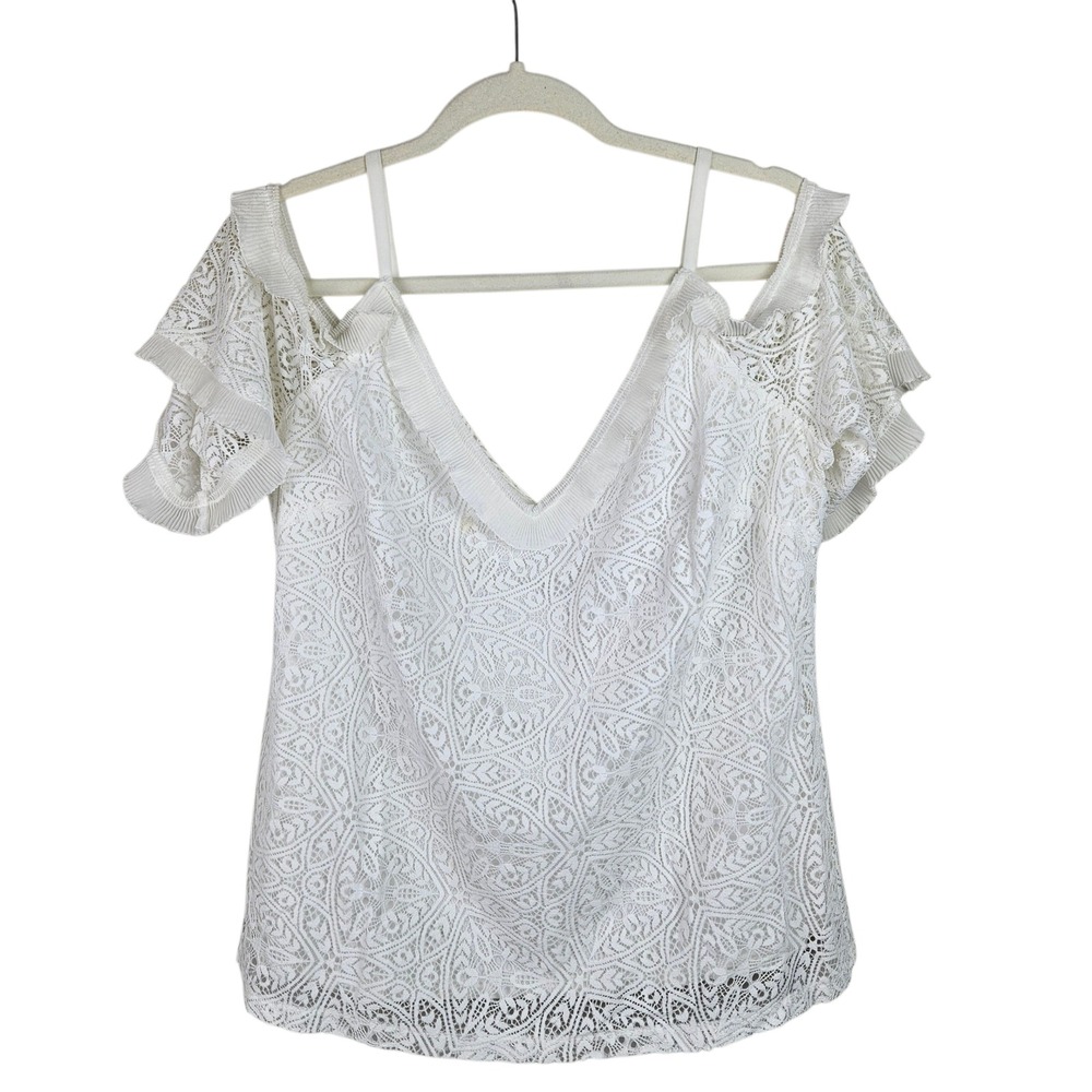 White House Black‎ Market White Lace Ruffle Cold Shoulder Top Size M